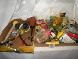 Two Boxes Guarden Hose Connections, Battery Tester; Clamps, And More