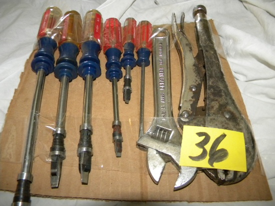 Craftsman Assortment Of Screwdrivers (7); Crescent Wrench; Vice Grip.