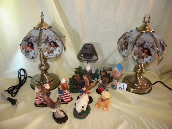 Collectibles=Six Miniature Eagle Statutes; Pair Of Touchtone Lamps W/outdoor Life Shades