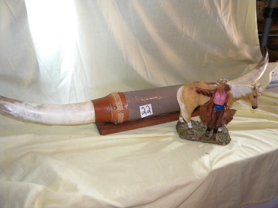 Collectible=Beguine Co. 60" Wall Mount Longhorns; Cowgirl W/palomino Statute.