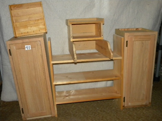 Cabinets=Pair Of Oak Finished Upper Single Kitchen Cabinets Sections; Letter And Key