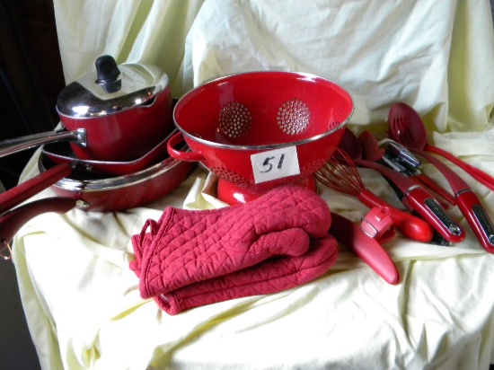 Wear Ever Pans; Square Skillets; Red Kitchen Utensils, Colander And More.