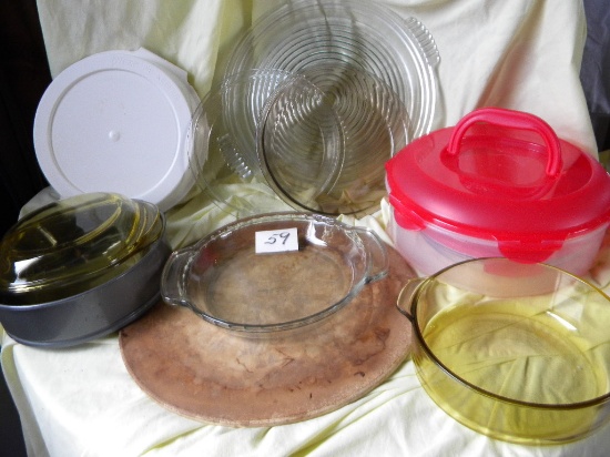 Pizza Stone Ware; Pie Carrier; 3 Glass Pie Plates; Pie Keeper; Form Pan.