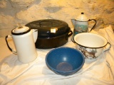 Graniteware- Roaster; Pair Of Coffee Pots, (1 Painted); Pop Corn Bowl; And