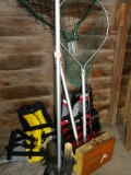 Fishing=Telescoping Large Great Lake Fish Net; Tackle Box; 2 Life Preservers; Over