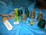 Collectible=Marbles; 4 Blue Elect. Insulators; 5 Clear Insulators; Antique Thermometer