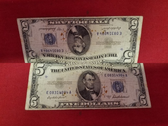 (2) 1953A $5 Silver Certificate Blue Seal Note