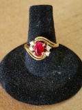 Vintage Brass Ruby Ring W/ Diamond Accent