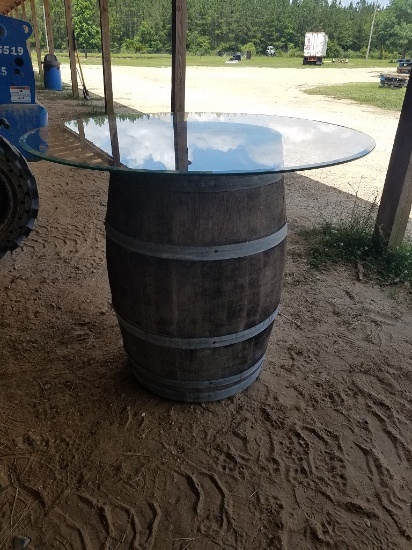 55gal Wooden Wine Barrel W Bevel Glass Top