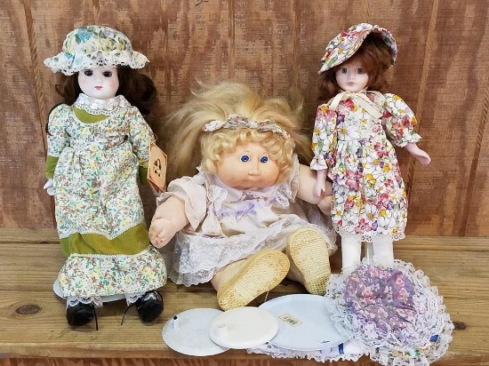(2) Porcelain Dolls W/ Stands & Cabbage Patch Doll