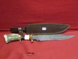 Damascus Steel Stag Knife w/ Leather Sheath