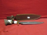 Damascus Steel Stag Knife w/ Leather Sheath