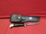 Buck Damascus Steel Knife w/ Leather Sheath