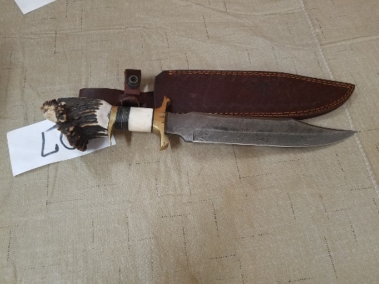 Damascus Steel Stag Knife w/ Leather Sheath