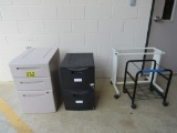 2 Plastic file cabinet and 2 roll around carts