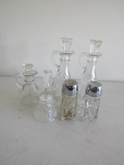Glass salt & pepper, vinegar & oil, bell & pitcher