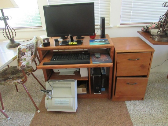 Computer desk, printer, speakers & file cabinet
