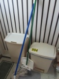 2 Trash cans, broom & mop