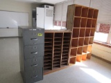 4 Drawer file cabinets & w wooden shelves