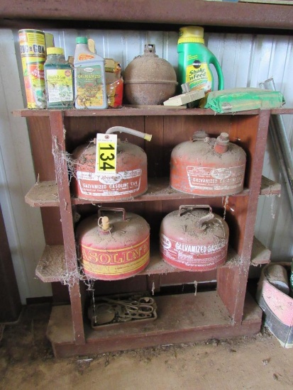 Wooden shelf and gas cans