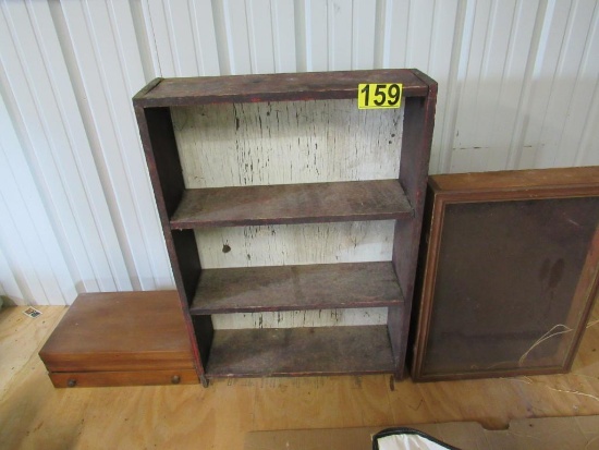 Wooden shelf, display case and storage drawer