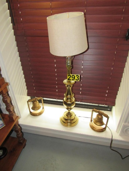 Brass table lamp, 35" and Liberty Bell book