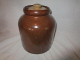 Preserve jar with Salt glaze lid, turkey drop, bottom marked