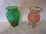 Pair Of Small Vases/vintage Emerald Green Glass Vase/gold Design, Hand Pain