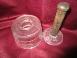 Vintage Glass Butter Mold With Cow Stamp, Wooden Handle