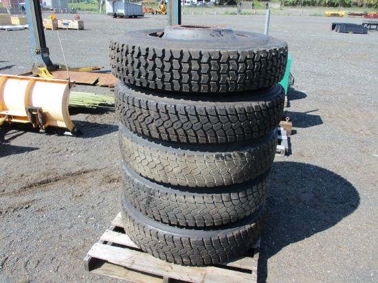 (5) 10R22.5 Tires With Steel Rims