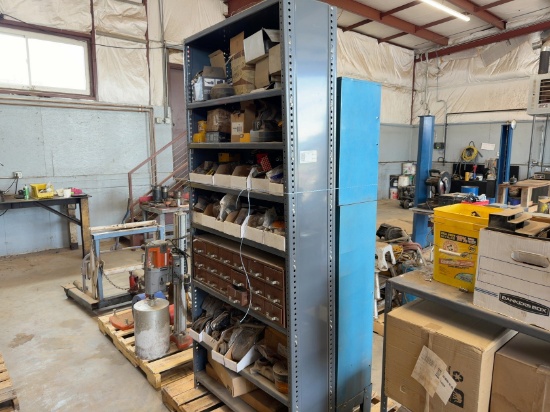 (2) HARDWARE BINS, (1) SHELVING UNIT