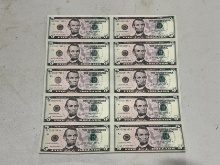 (10) UNCUT $5 BILLS