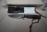 Caffrey Fixed Blade Knife with Patterned Blade. Comes with Leather Sheath.