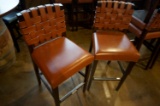 SET OF 2 LEATHER WOVEN BAR STOOLS