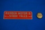 Rierden Motor Co. Plate & Pin from Sioux Falls, S.D.