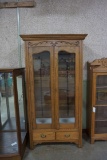 Tall Oak Display Cabinet, ornate w/dbl. glass doors
