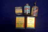 FiNoL Oil Can, BurniShine Polish Can, 2 AL-5 Shotgun Powder Tin, Grizzly Flat Faucet Washers Tin