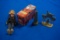Box w/Alpo tin Bank, Brass Fire Nozzle, Firefighter brass Bookend & Alfred E. Newman Figural Doll