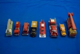 Box of 8 assorted Fire Trucks, 1-Majorette, 1-Mack, 1-Ertl, 1-tin & others