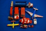 Box of assorted Toys w/2-Airplanes, 2-Pedal Cars, Texaco Van, Semi Tractor/trailer & others