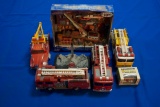 Box w/3-FunRise Fire Trucks, 1-Tow Truck& a Just Kidz Playset