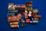 Box of assorted Pedal Car, Fire Trucks, Beanie Babies, 2-Freedom Fighter Clocks & more
