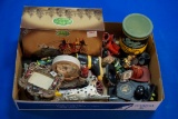 Box of Firefighter memorabilia w/Lemax Village Volunteers figural, Chock full 'o nuts NY Coffee can;
