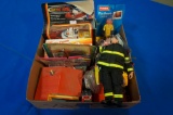 Box of Fire/Rescue Toys w/Tonka Pumper, Tootsietoy Fire Station, others