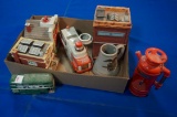 Box of Ceramics w/Eng. Co. 575, 2-Fire Dept. Mooseheart FD Old Mr. Boston Bourbon bottle, Skyline La