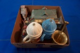 Box w/Brass Mortar & Pestle, 2-Fireplug Steins, Hallmark Oceanside Depot(tin) & vintage Horse Team/P