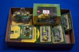 Box of 6 John Deere Miniatures; 5-Athearns w/2-tractors & 2-Fire Engines & 1-Gear Box Pickup