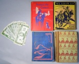 Four Older Hardcover Books and Play Money