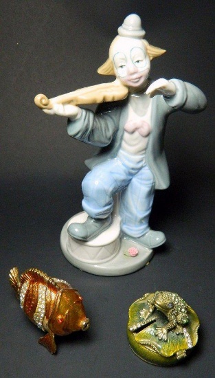 Paul Sebastian Porcelain Clown with Fiddle and Two (2) Limoges-style Animal Figurines