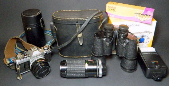 Canon AE-1 35mm Camera, Flash, High-Speed Zoom Lens, Kodak Easy Share, Crown Binoculars